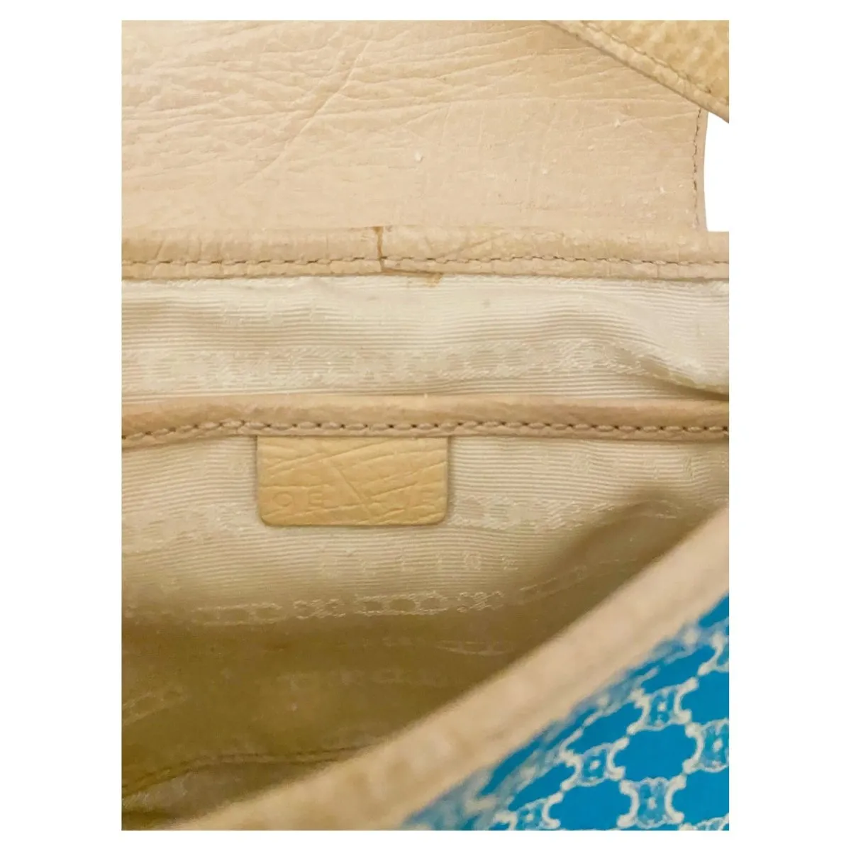 2000s CELINE Shoulder Bag Pochette Macadam Pattern Blue Ivory White Canvas Leather