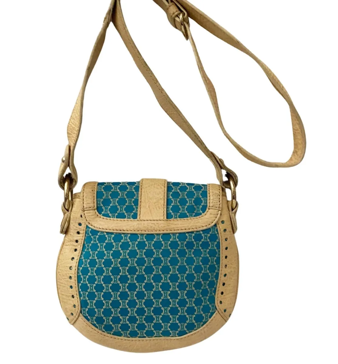 2000s CELINE Shoulder Bag Pochette Macadam Pattern Blue Ivory White Canvas Leather