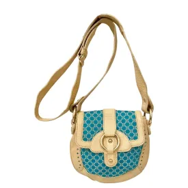 2000s CELINE Shoulder Bag Pochette Macadam Pattern Blue Ivory White Canvas Leather