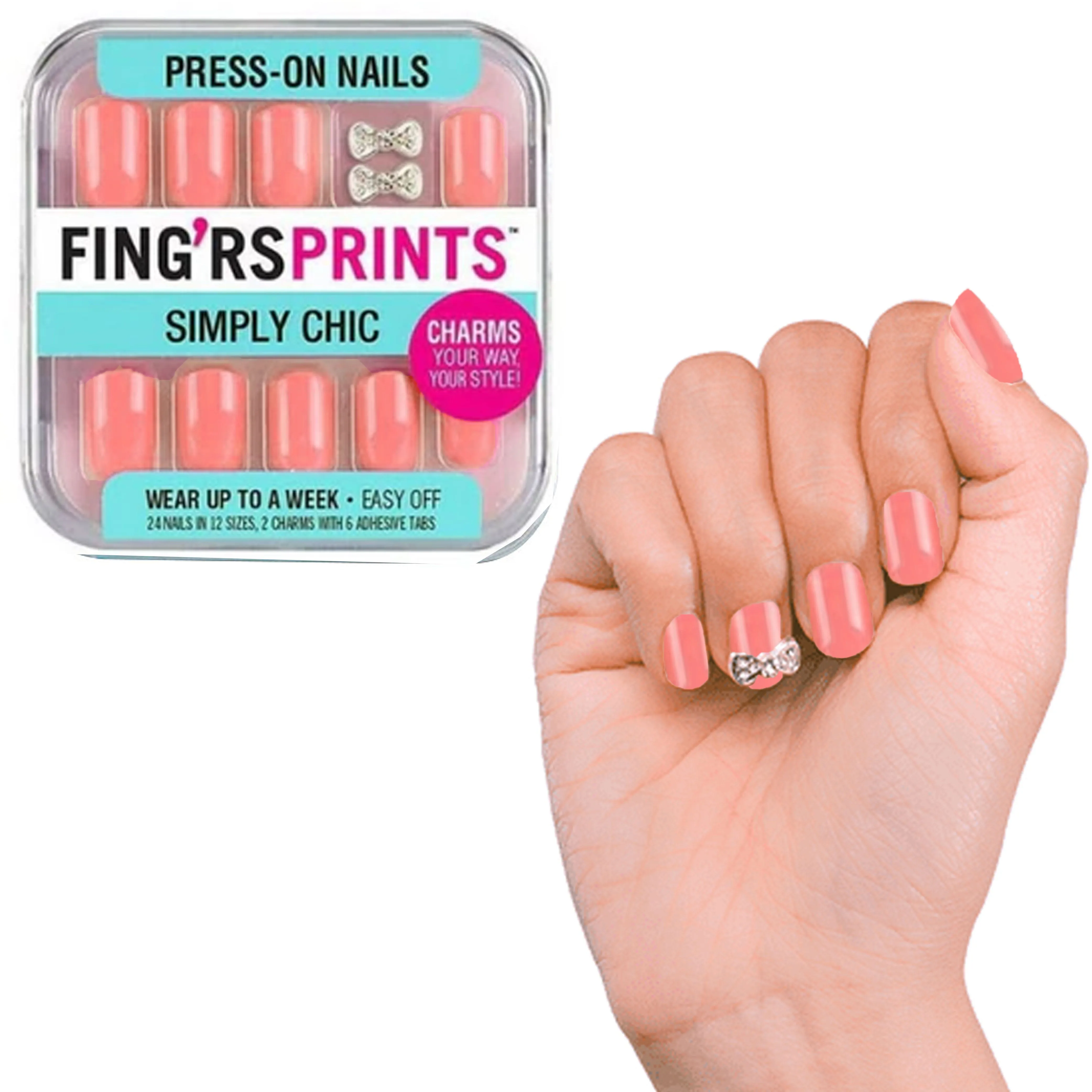 24 Ct Press On Nail Set Peach Pink Design Charms Adhesive Easy Manicure Women