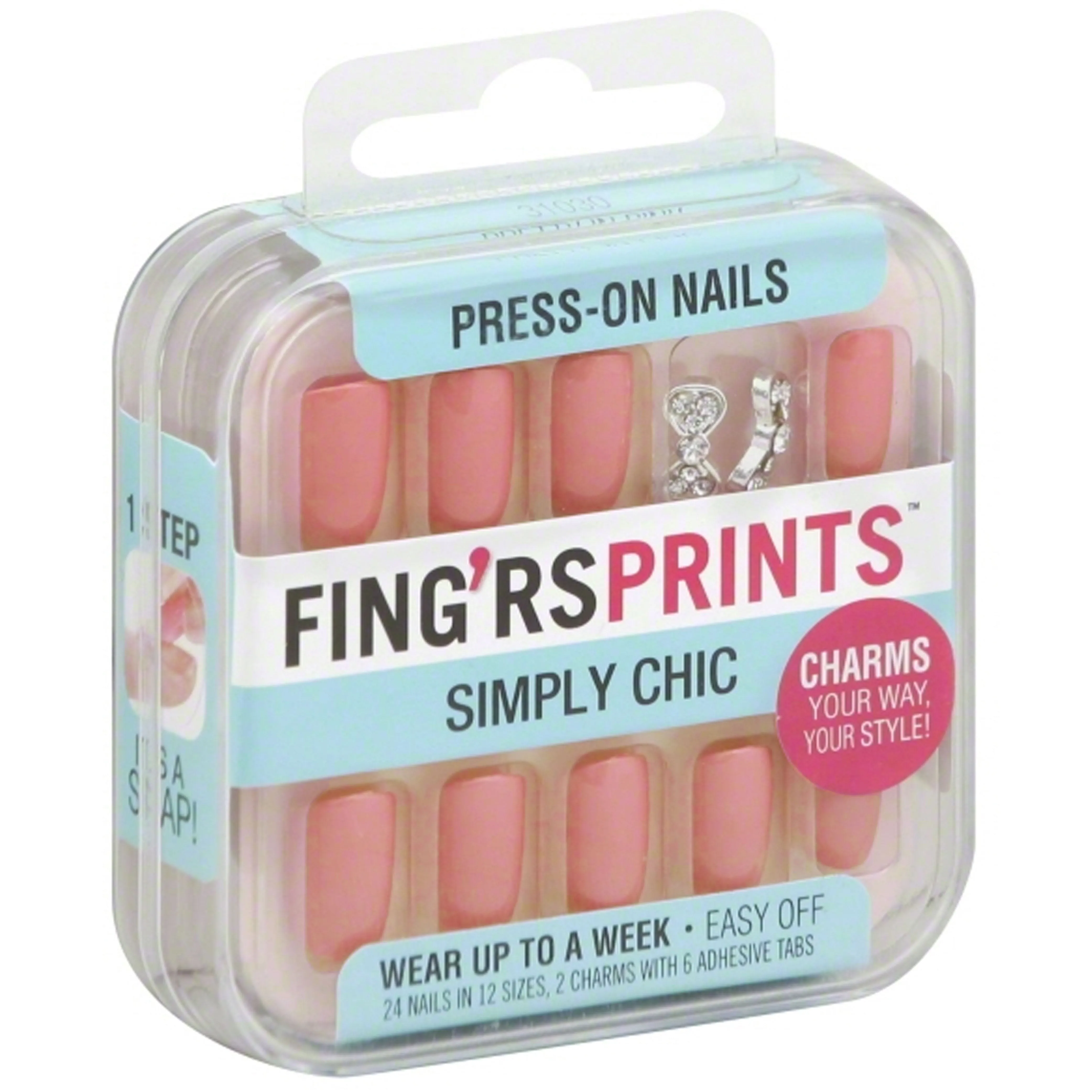 24 Ct Press On Nail Set Peach Pink Design Charms Adhesive Easy Manicure Women