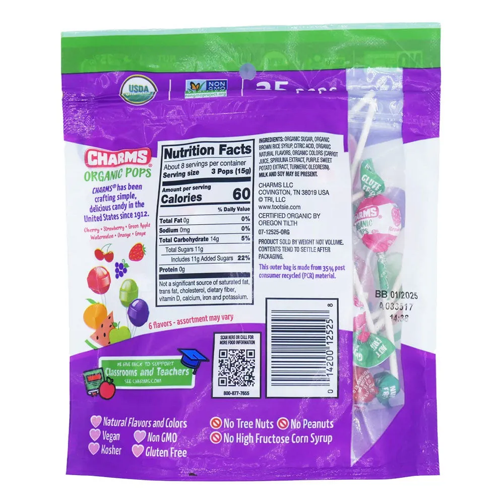 25 Pc Charms Organic Pops Lollipop Sucker Candy Natural Flavors Party Favors