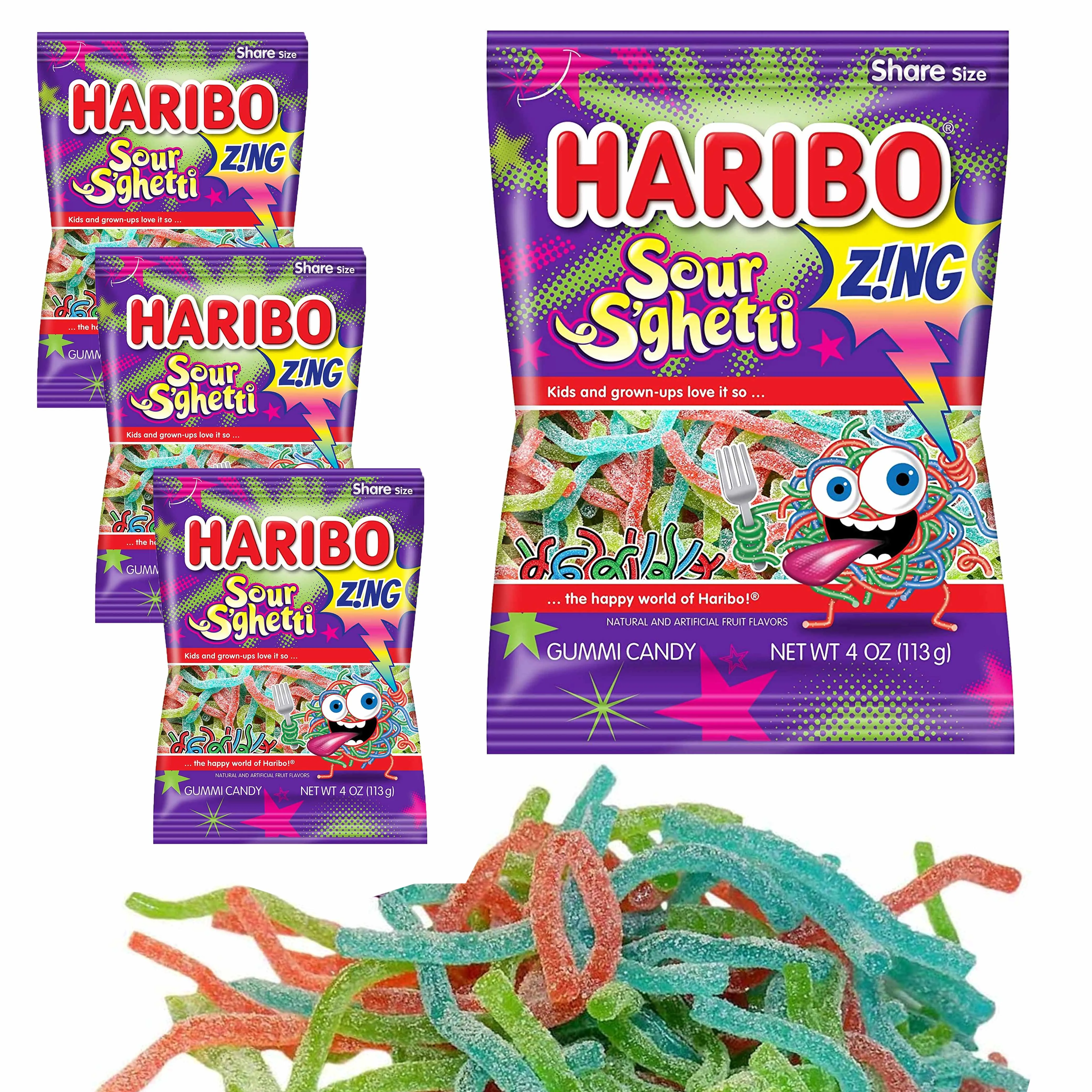 4 Bags Haribo Sour S'Ghetti Gummi Candy Gummy Chewy Candies Party Treats Goodies