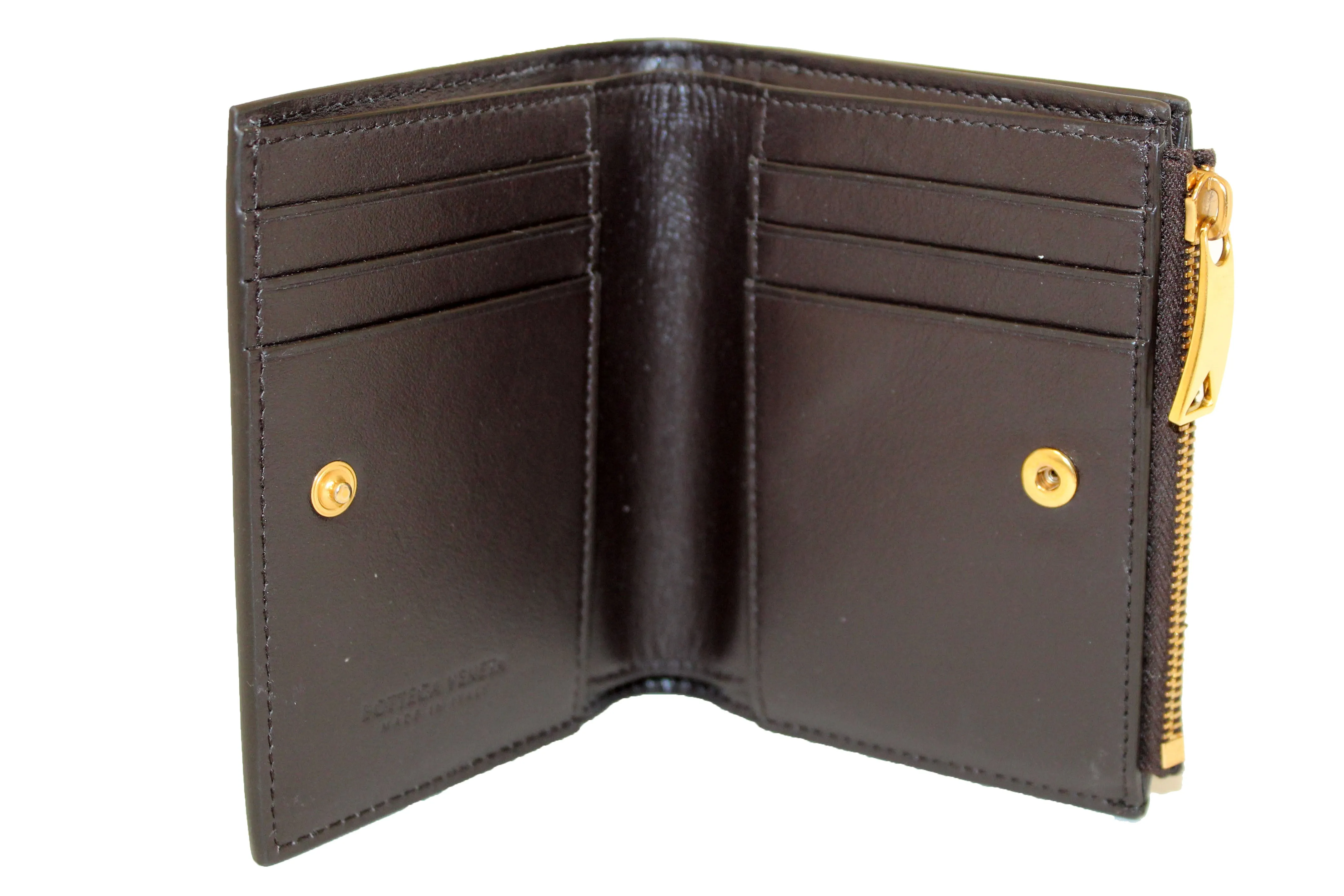 Authentic Bottega Veneta Brown Intreccio Leather Small Bi-Fold Zip Wallet