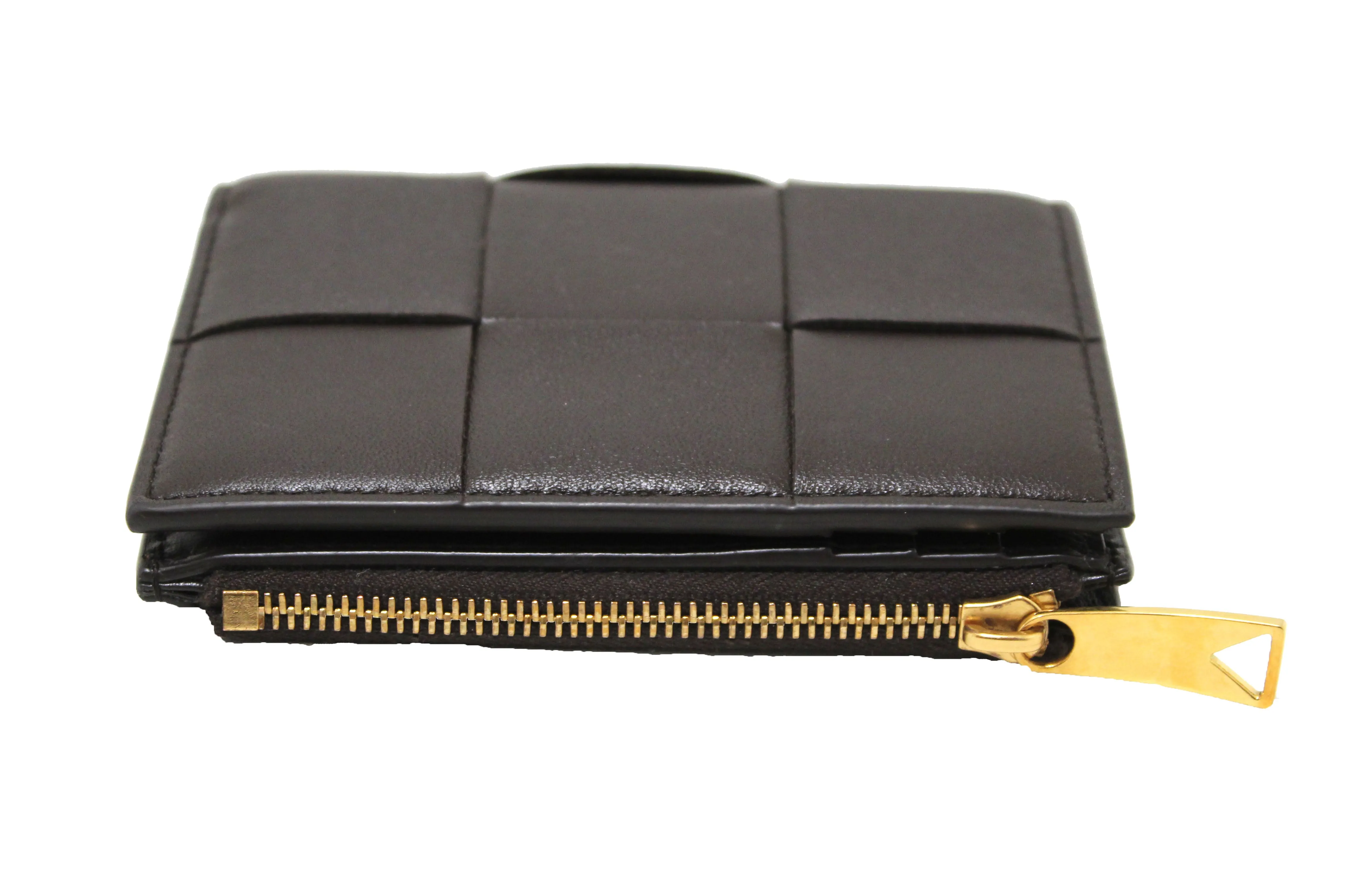 Authentic Bottega Veneta Brown Intreccio Leather Small Bi-Fold Zip Wallet