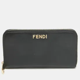 Black Leather Logo Zip Around Continental Wallet
