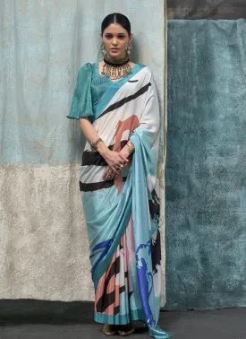Blue And White Printed Silk Crepe Saree with Matching Blouse