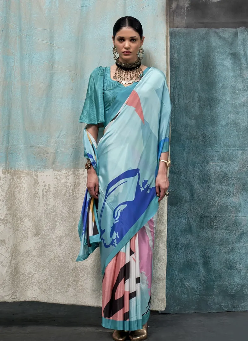 Blue And White Printed Silk Crepe Saree with Matching Blouse
