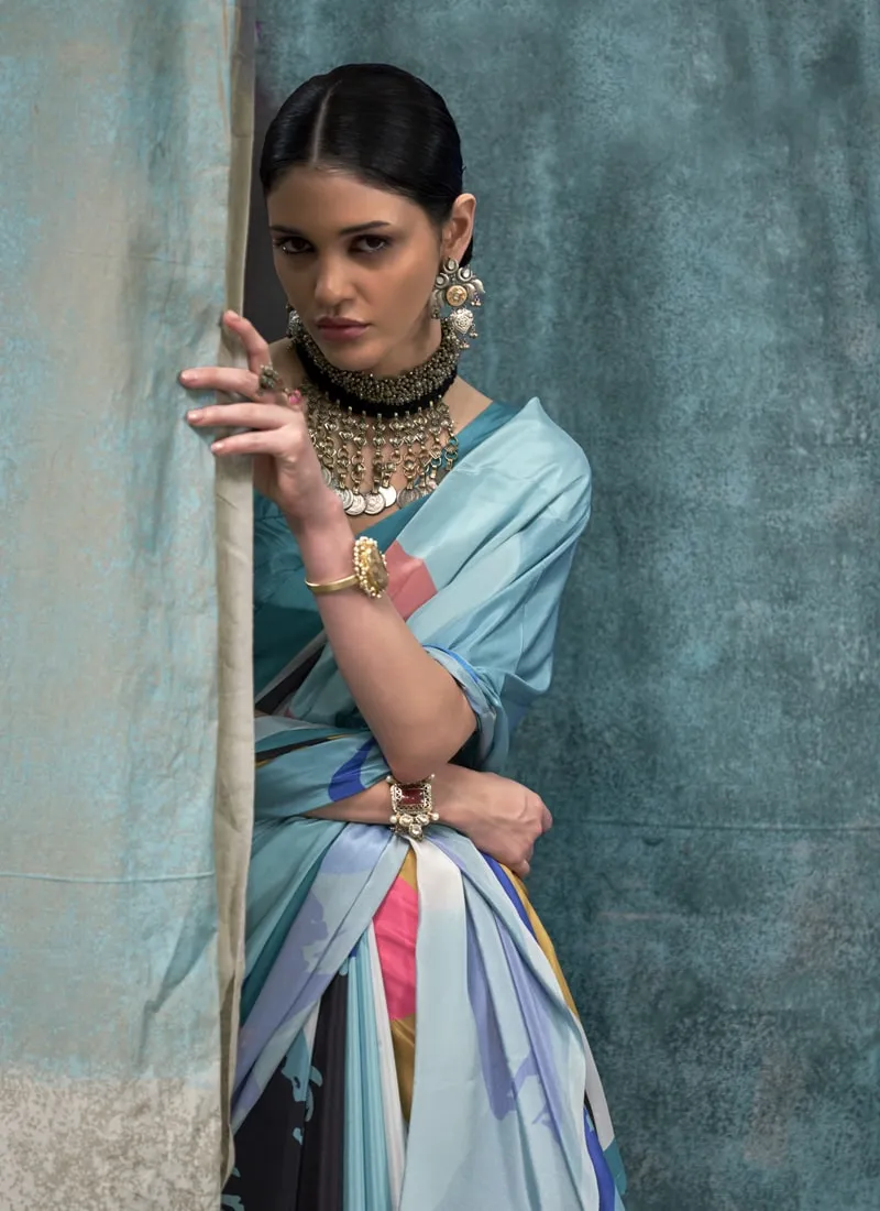 Blue And White Printed Silk Crepe Saree with Matching Blouse