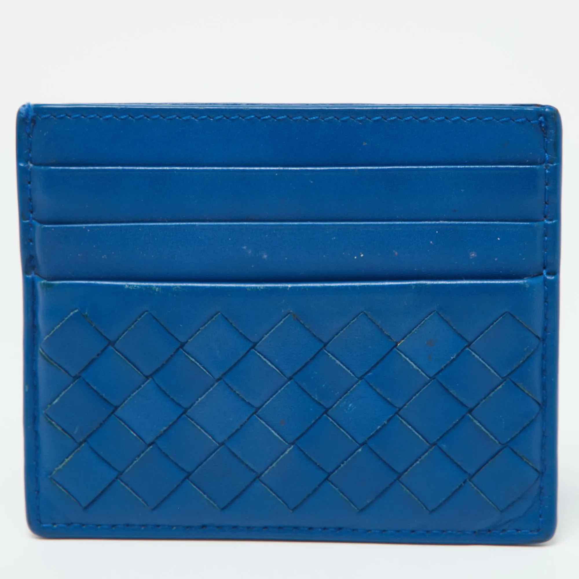 Blue Intrecciato Leather Card Holder