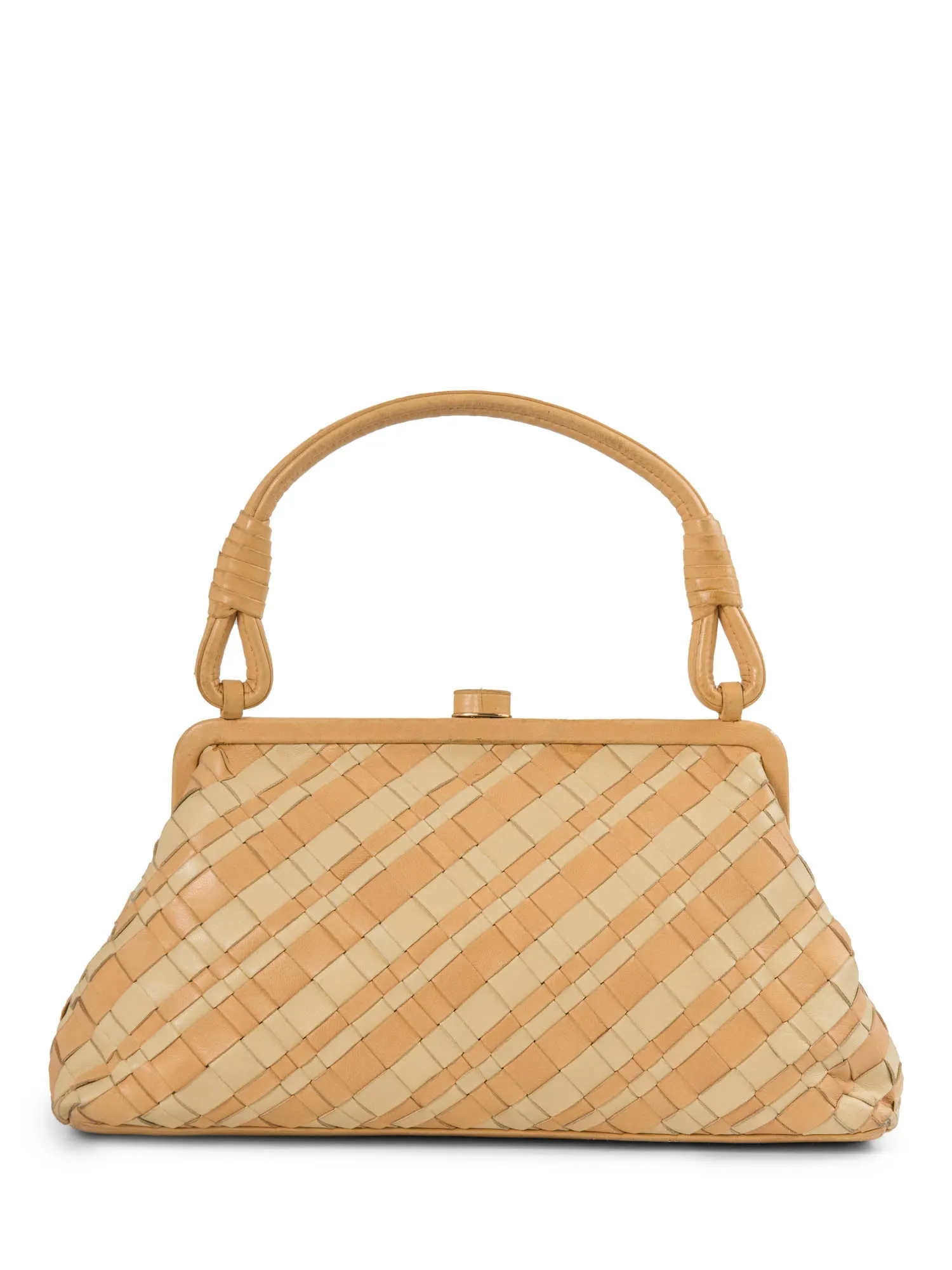 Bottega Veneta Nappa Intercciato Kisslock Top Handle Bag Ivory Beige