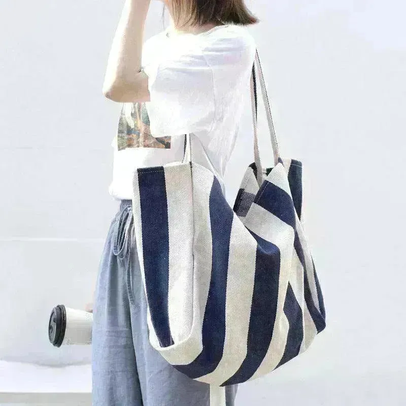 Fashion Shopper Handbags Women Striped Canvas Totes
