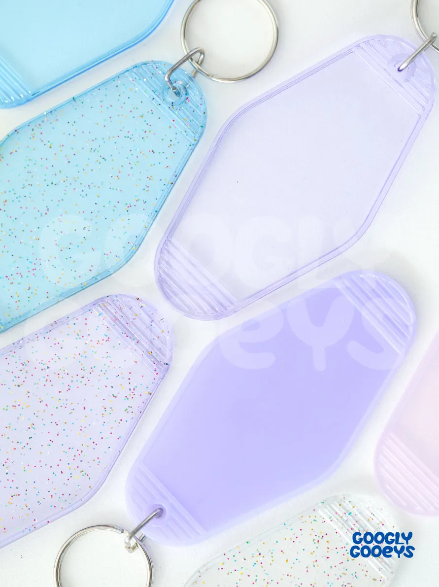 Glittered and Transparent Motel Keychains | 1.75in x 3.5in