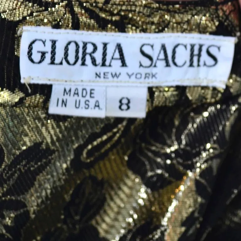 Gloria Sachs New York 1980s Vintage Blouse Metallic Black Gold Roses 8