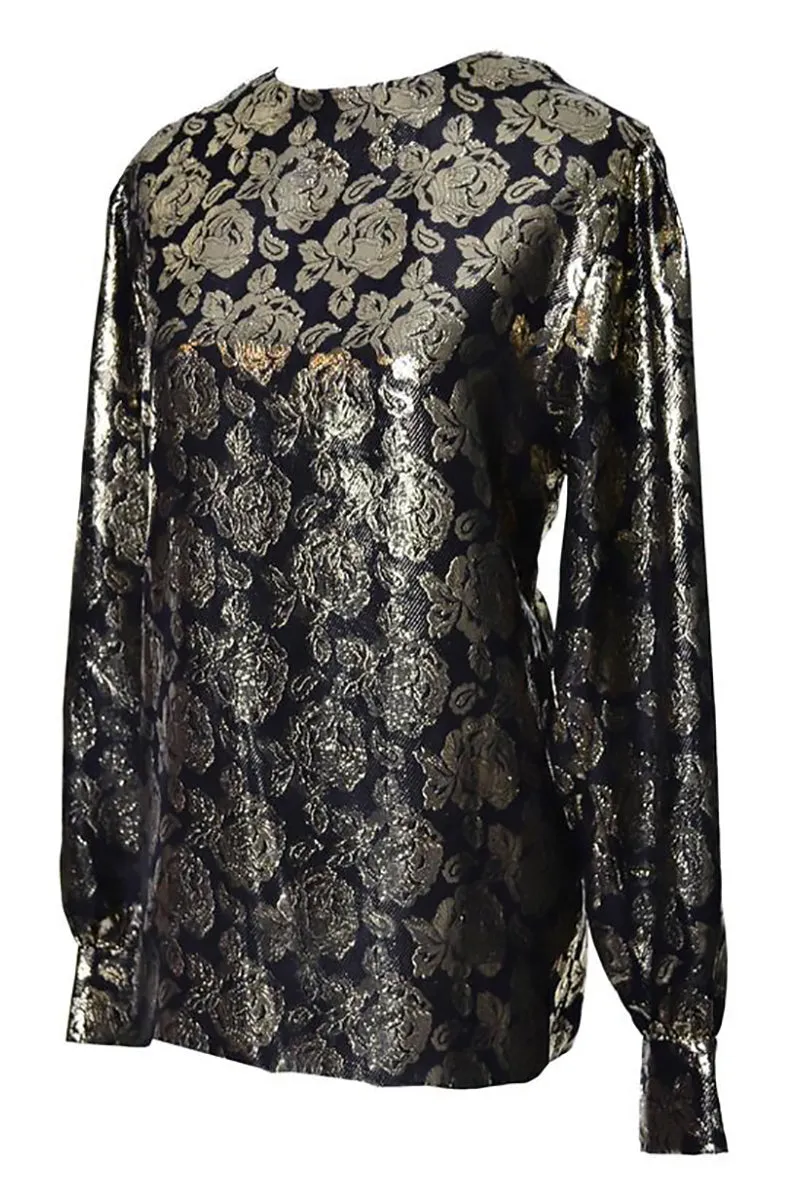 Gloria Sachs New York 1980s Vintage Blouse Metallic Black Gold Roses 8