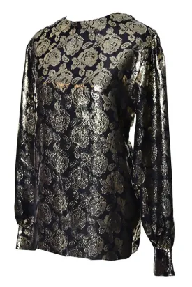 Gloria Sachs New York 1980s Vintage Blouse Metallic Black Gold Roses 8