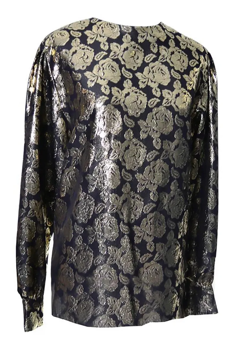 Gloria Sachs New York 1980s Vintage Blouse Metallic Black Gold Roses 8