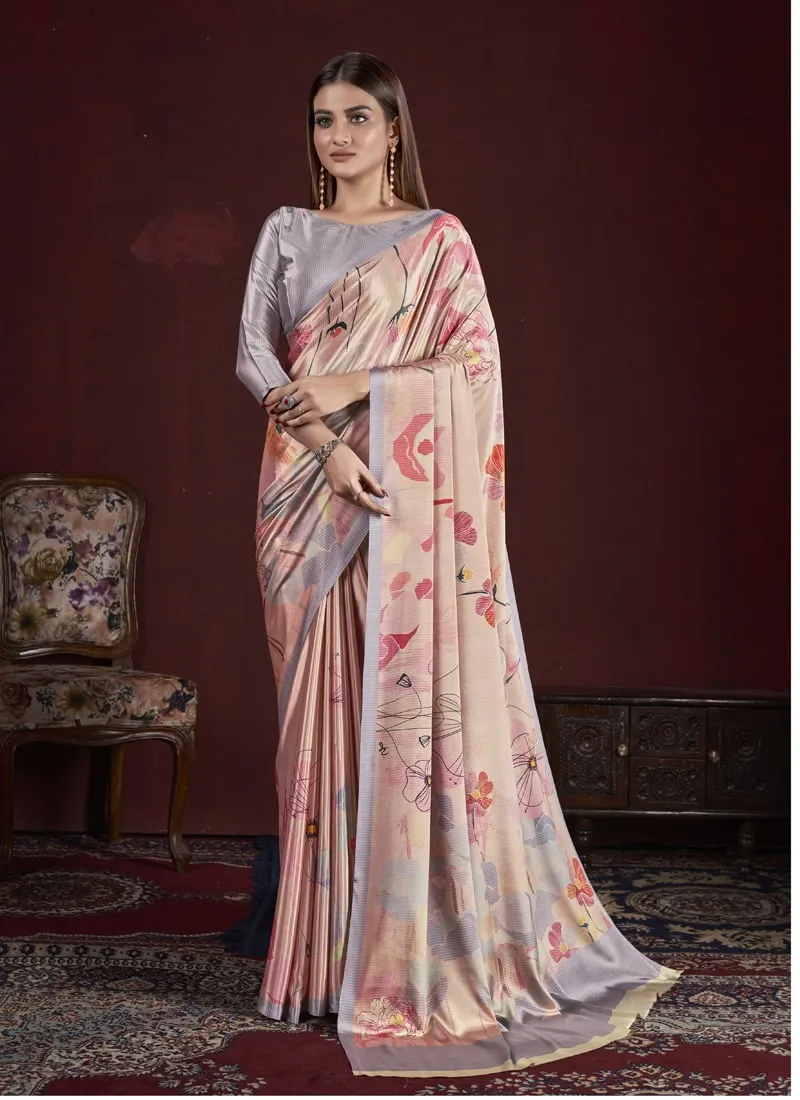 Grey And Pink Trendy Soft Crepe Printed Saree