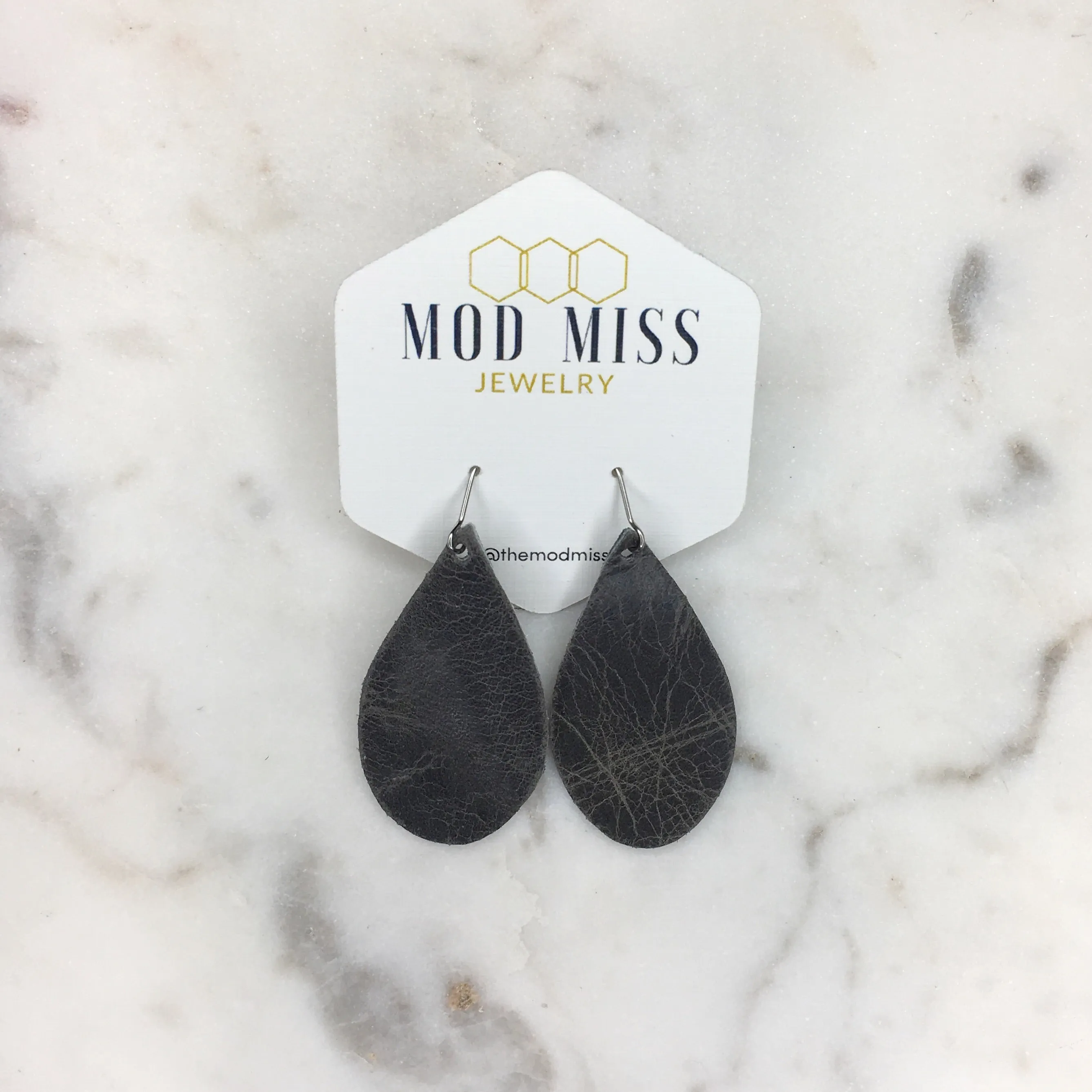 Leather Teardrop Earring "Worn Gray"