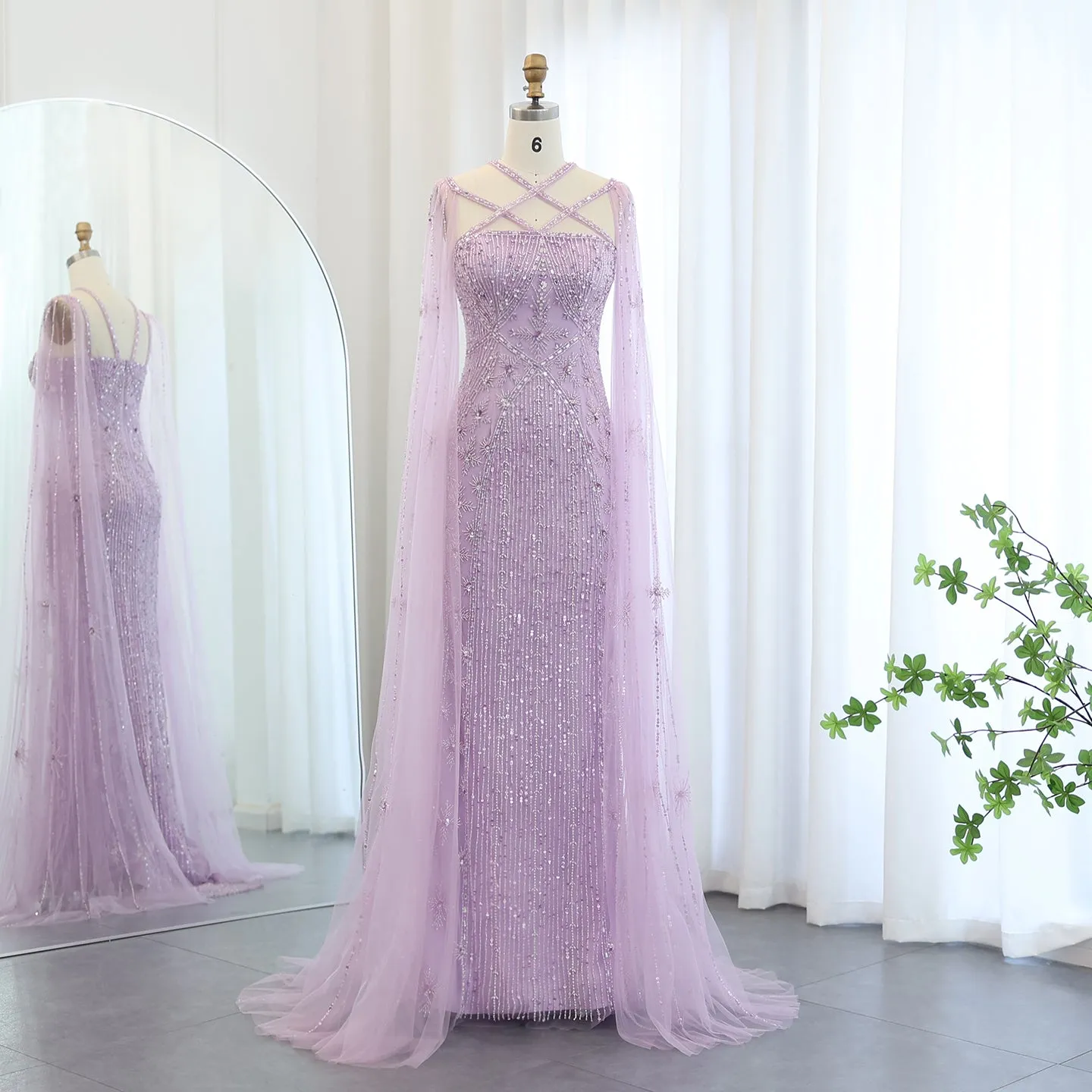 Luxury Aqua Crisscross Evening Dress with Cape Sleeves SS391