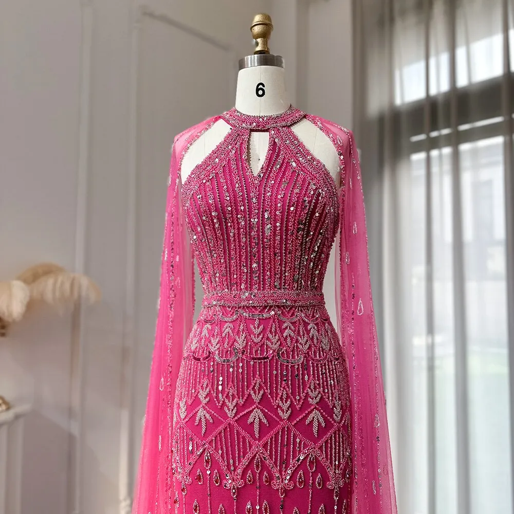 Luxury Fuchsia Evening Dress with Cape Sleeves SS361