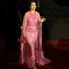 Luxury Fuchsia Evening Dress with Cape Sleeves SS361