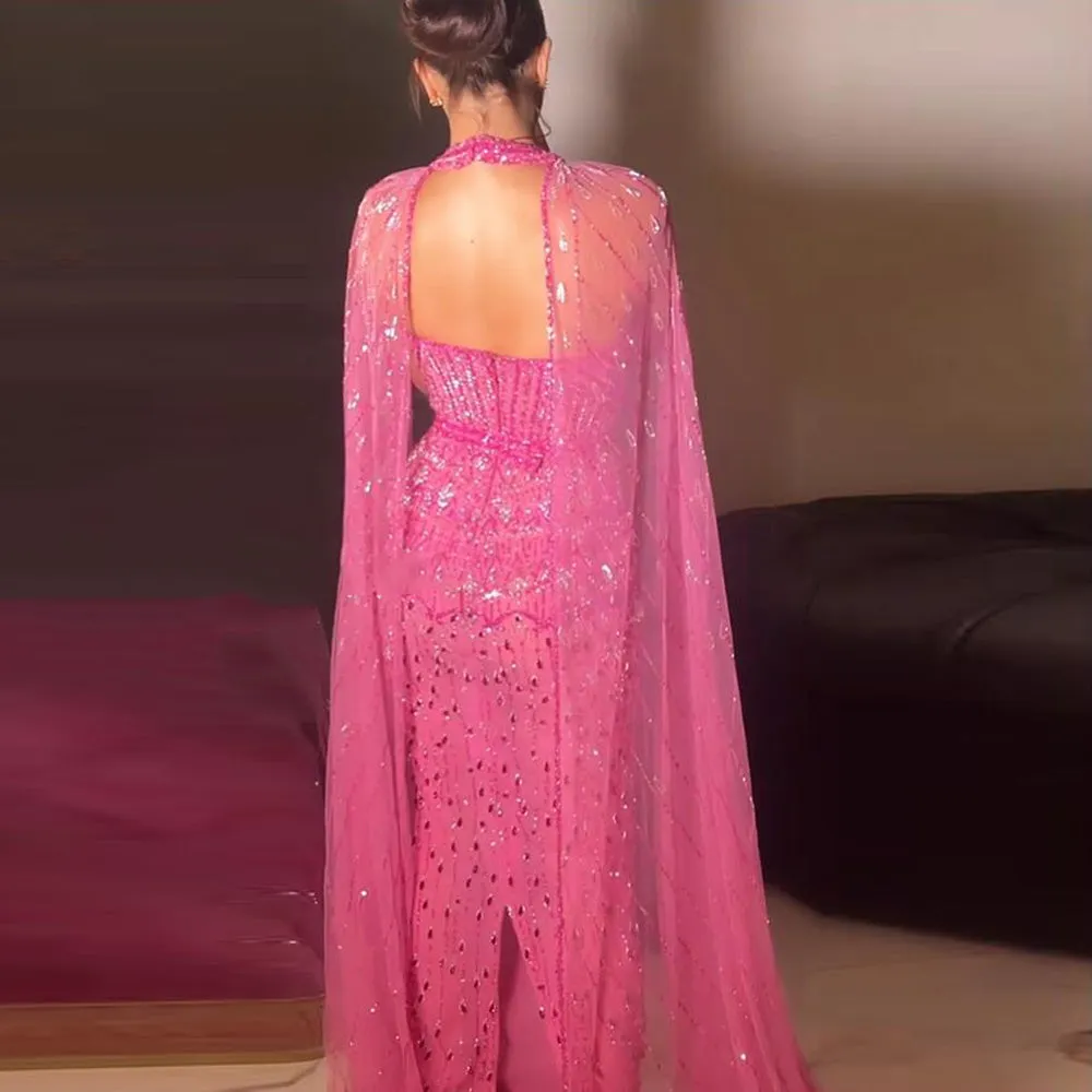Luxury Fuchsia Evening Dress with Cape Sleeves SS361
