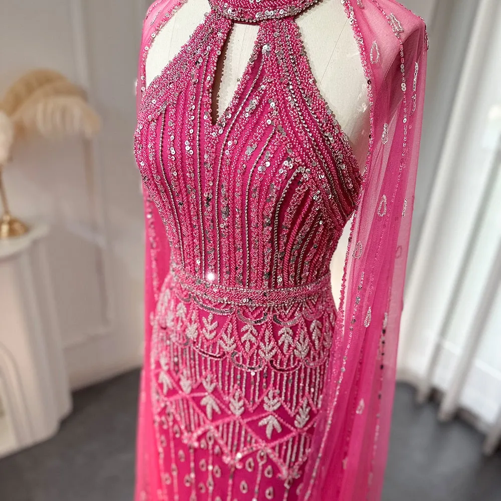 Luxury Fuchsia Evening Dress with Cape Sleeves SS361