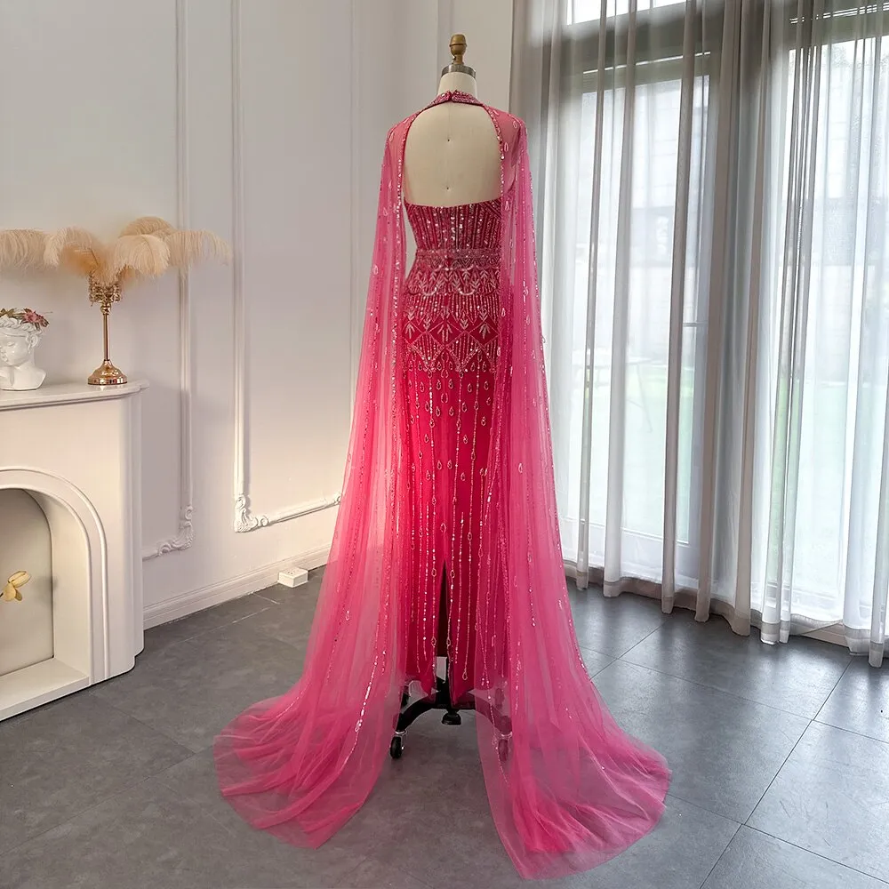 Luxury Fuchsia Evening Dress with Cape Sleeves SS361
