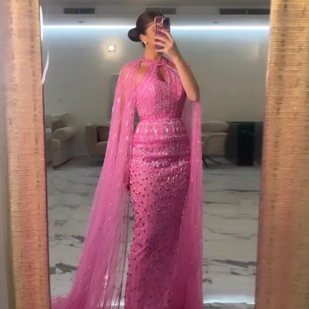 Luxury Fuchsia Evening Dress with Cape Sleeves SS361