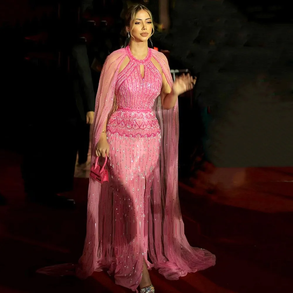Luxury Fuchsia Evening Dress with Cape Sleeves SS361