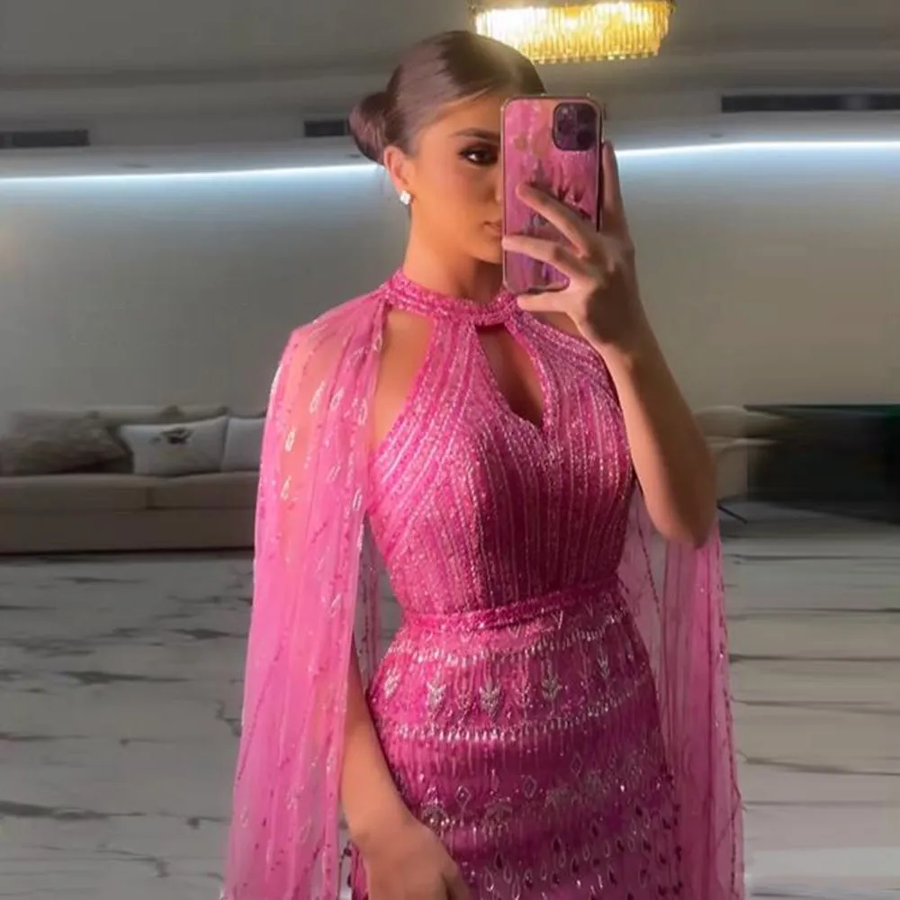 Luxury Fuchsia Evening Dress with Cape Sleeves SS361