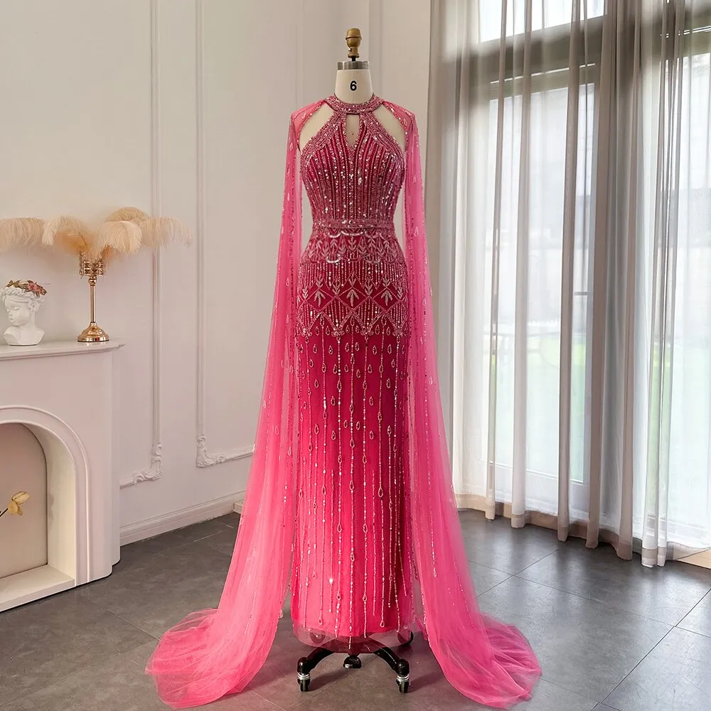 Luxury Fuchsia Evening Dress with Cape Sleeves SS361