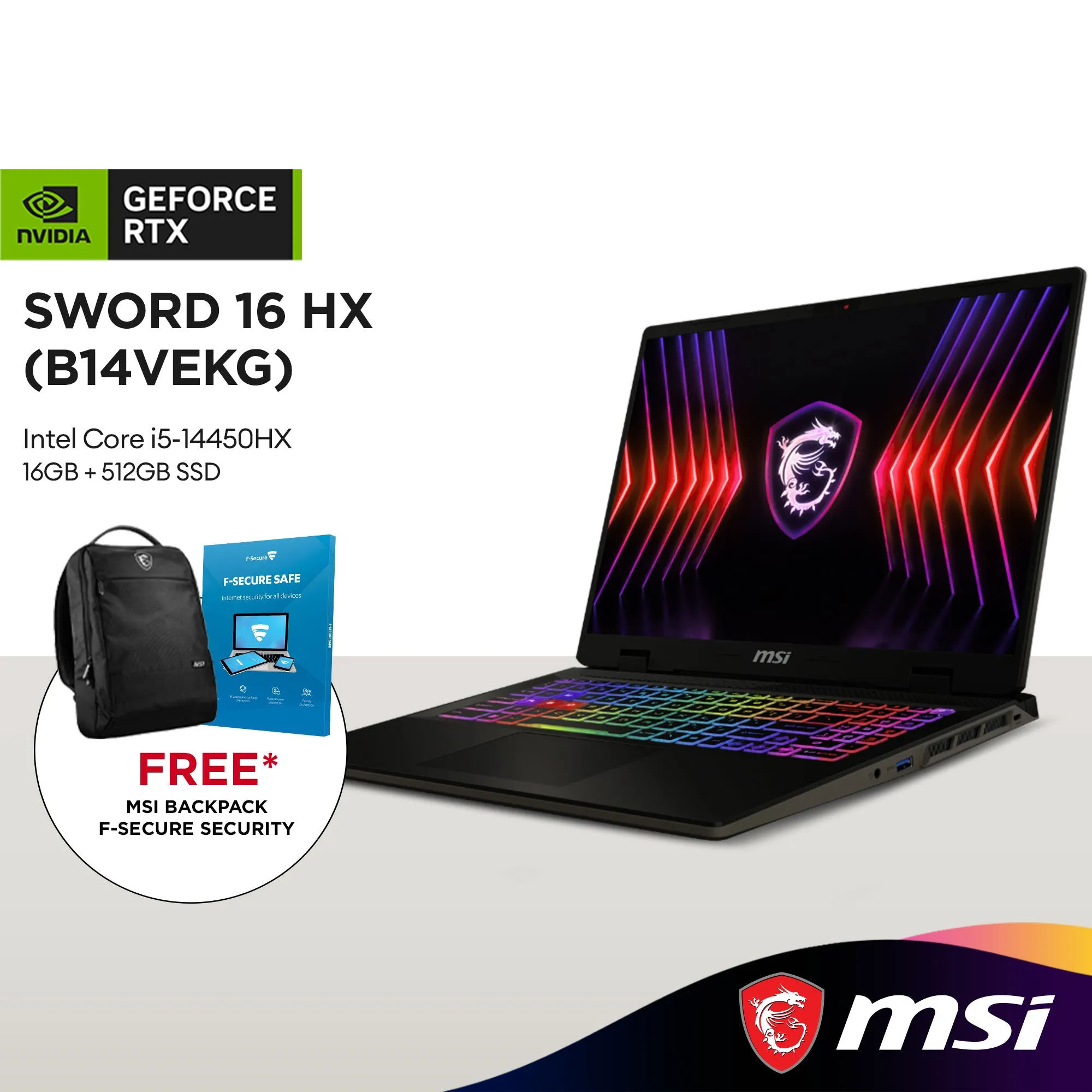 MSI Sword 16 HX B14VEKG-621MY 16" FHD  Gaming Laptop (Intel Core i5-14450HX | 16GB | 512GB SSD | GeForce RTX™ 4050)
