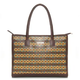 SACCI MUCCI Women's Tote Bag | Large Capacity Tote Bags For Women with Padded Laptop Compartment | Big Shoulder Bag for Office-EthnicTraditional Print (Brown)
