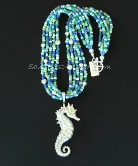 Sterling Silver Seahorse Pendant with 5 Strands of Indonesian Glass, Sterling Silver Beads and Sterling Toggle Clasp