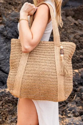 Stylish Carry All Spacious Trendy Straw Tote Bag with Wooden Bead Tassel