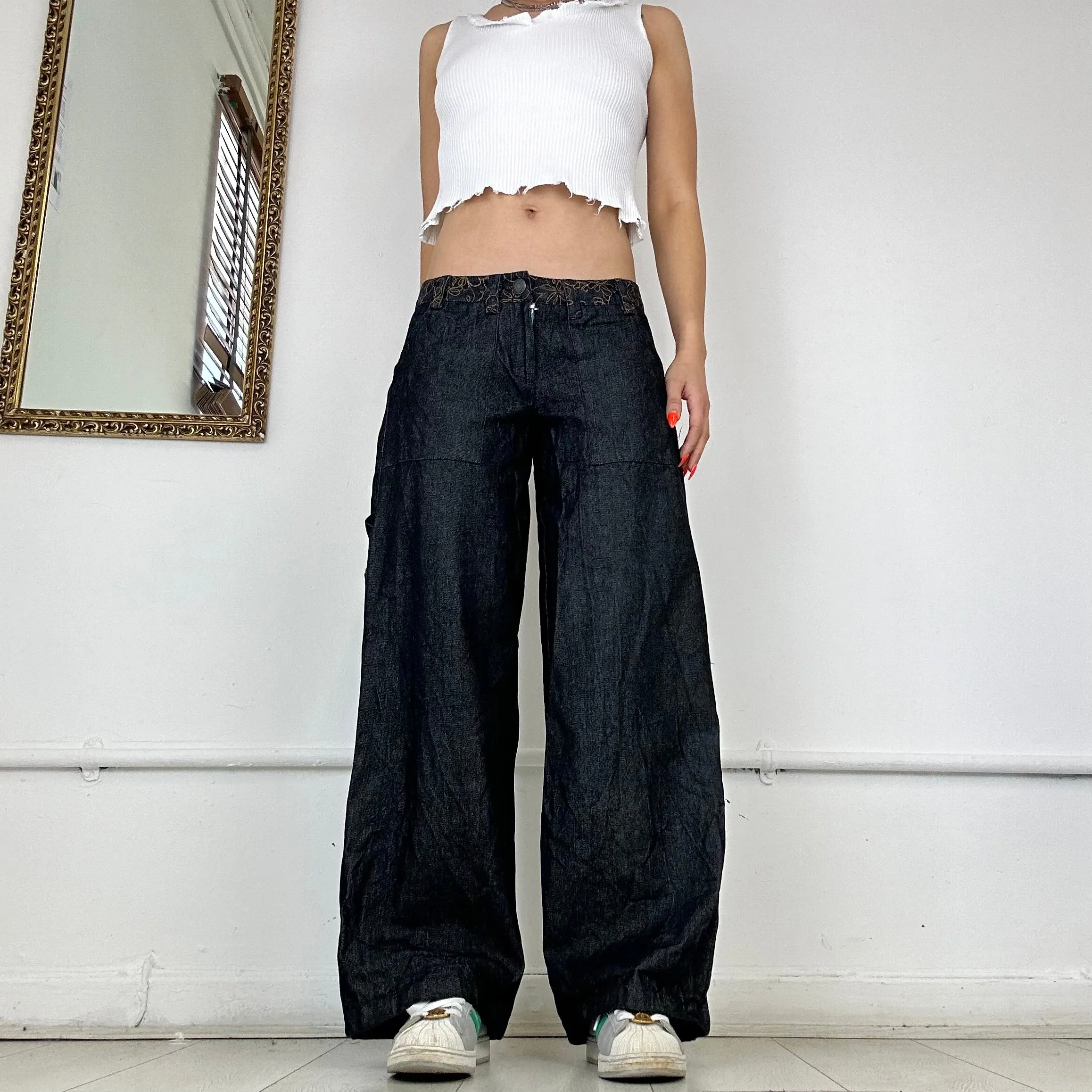 the slouch in embroidered charcoal denim - sample