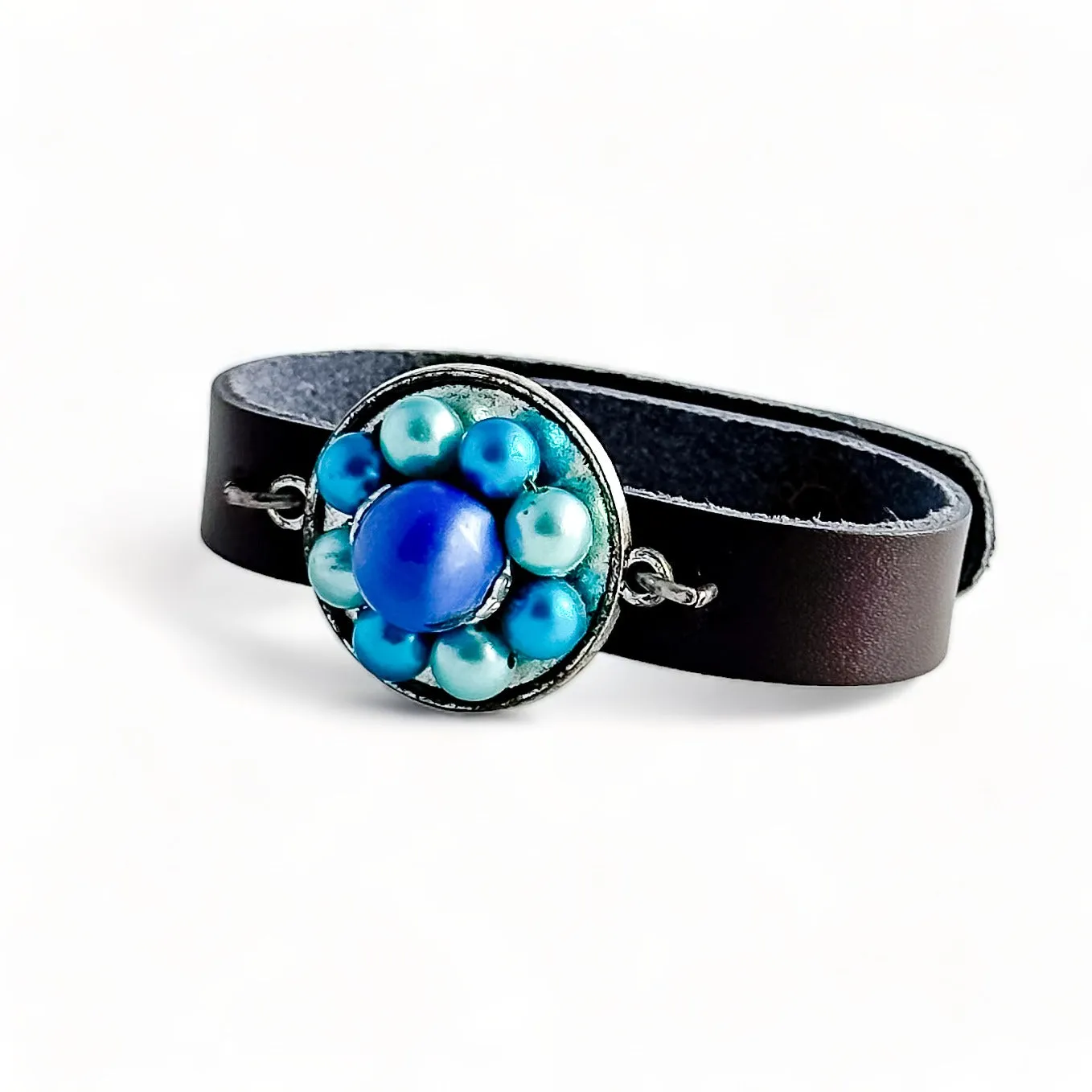 Vintage teal bauble leather cuff bracelet